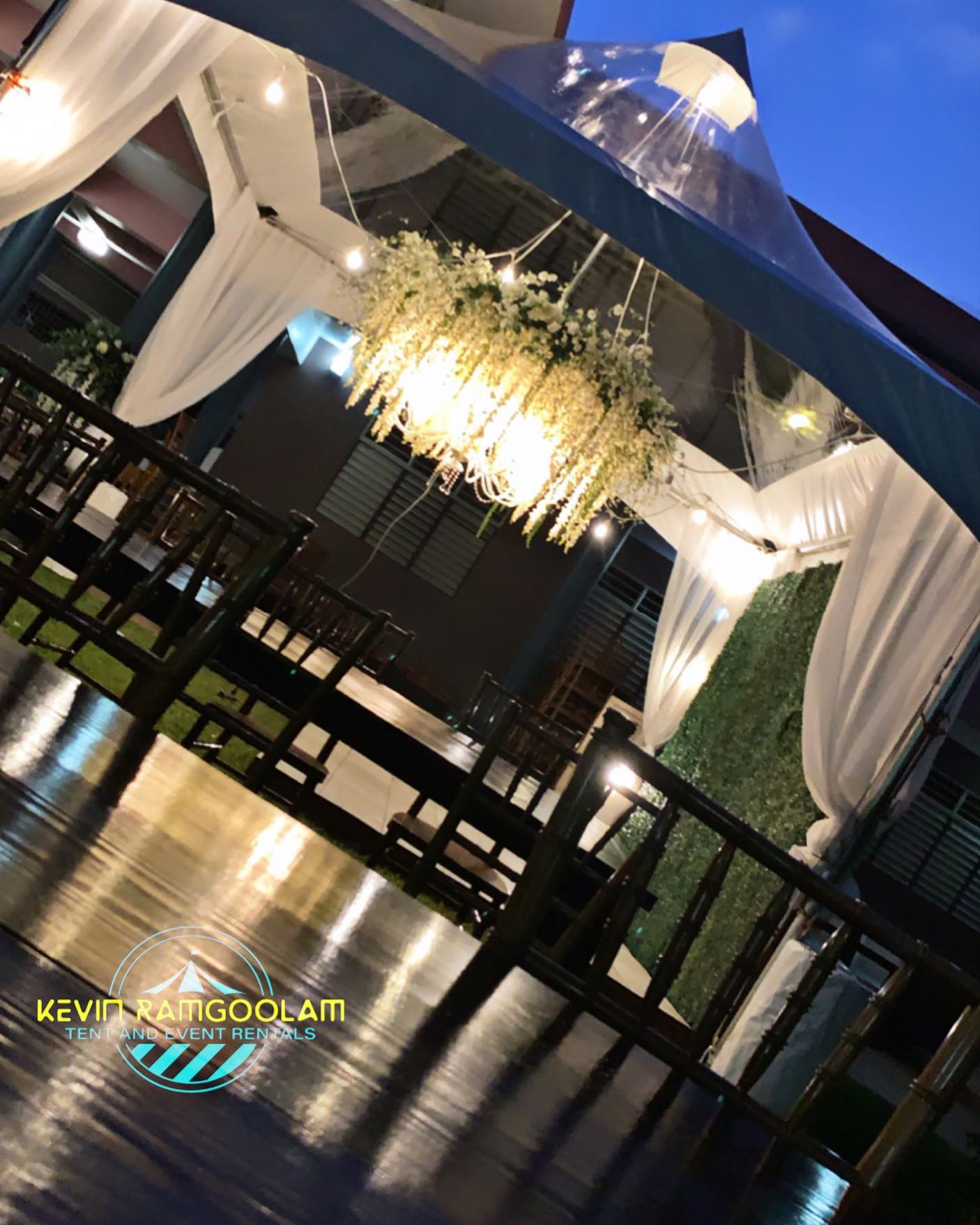 trinidad tent rentals  15x115 Marquee transparent tent with String Lights
